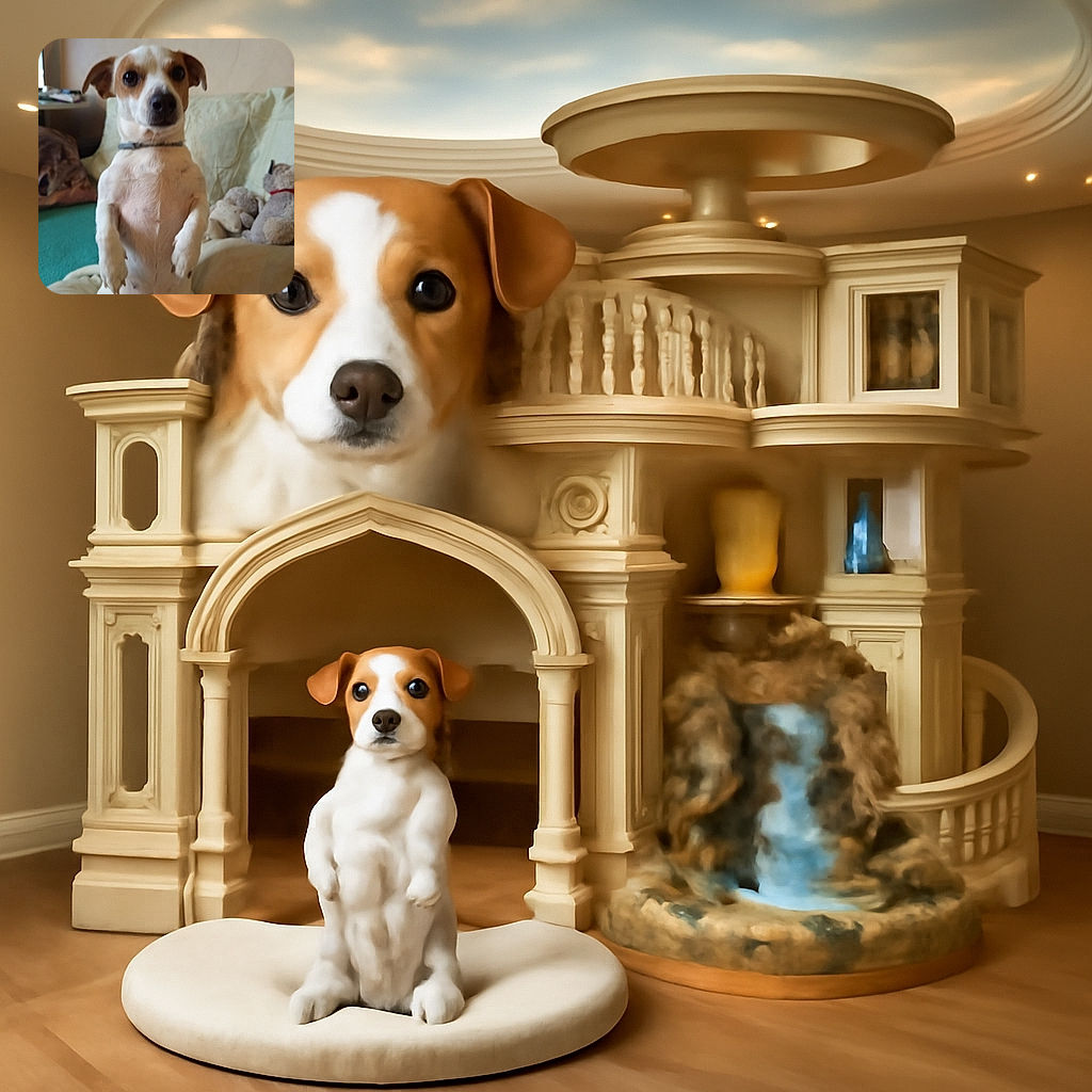 A small dog is sitting upright on a couch with a curious and slightly serious expression, surrounded by plush toys and soft furnishings in a cozy indoor setting.