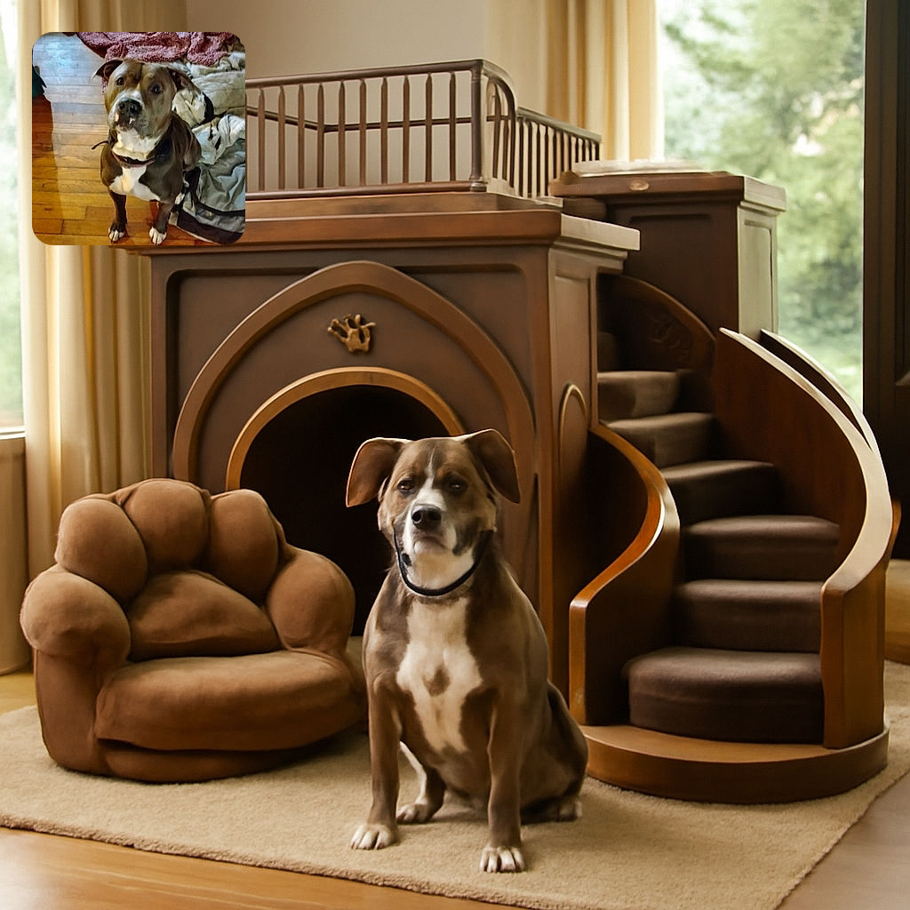 A charming dog with a curious expression sits attentively on a wooden floor next to a cozy pile of blankets, looking like it just heard the word 'treat'. The warm indoor lighting adds a homey vibe to the slightly blurry but heartfelt snapshot.