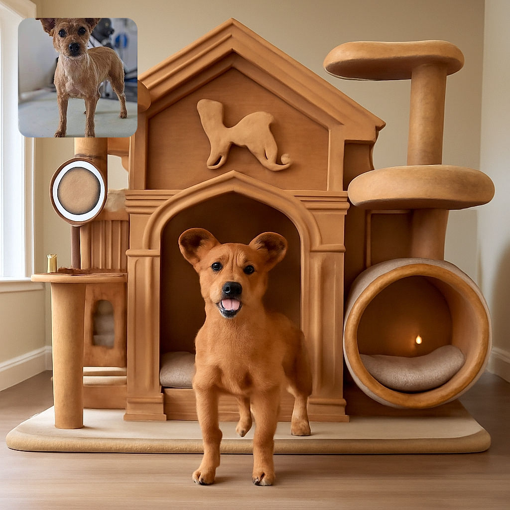 A curious small brown dog stands confidently on a white table, ears perked and eyes wide open, with a blurred background hinting at a gym or workout space.
