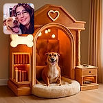 A joyful selfie featuring a woman with glasses and a big smile, hugging a happy dog with its tongue out. Pink heart stickers float above their heads, adding a playful and loving vibe to the warm indoor setting.