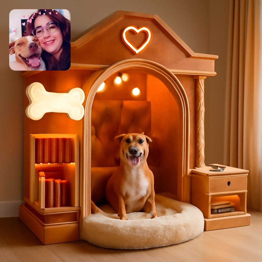 A joyful selfie featuring a woman with glasses and a big smile, hugging a happy dog with its tongue out. Pink heart stickers float above their heads, adding a playful and loving vibe to the warm indoor setting.