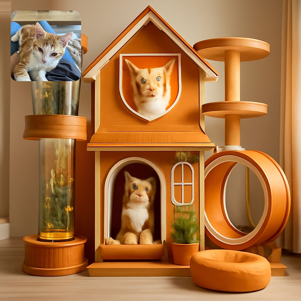 A cozy orange and white kitten lounges comfortably on a person's lap, looking slightly sleepy and content with soft natural light highlighting its delicate fur and whiskers.