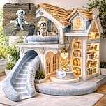 A fluffy white and black puppy wearing a colorful blue harness sits proudly on a large rock outdoors, lifting one paw as if ready to shake hands, surrounded by dry grass and trees in a natural setting.