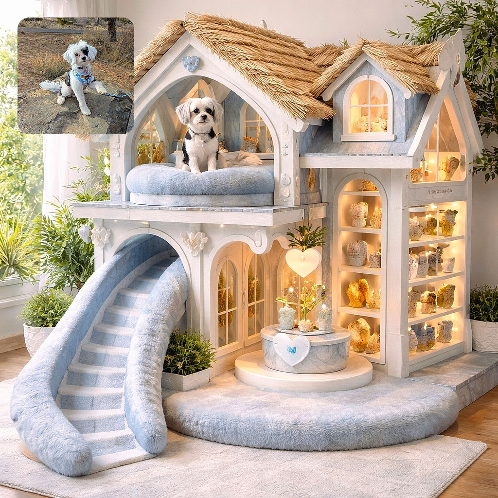 A fluffy white and black puppy wearing a colorful blue harness sits proudly on a large rock outdoors, lifting one paw as if ready to shake hands, surrounded by dry grass and trees in a natural setting.