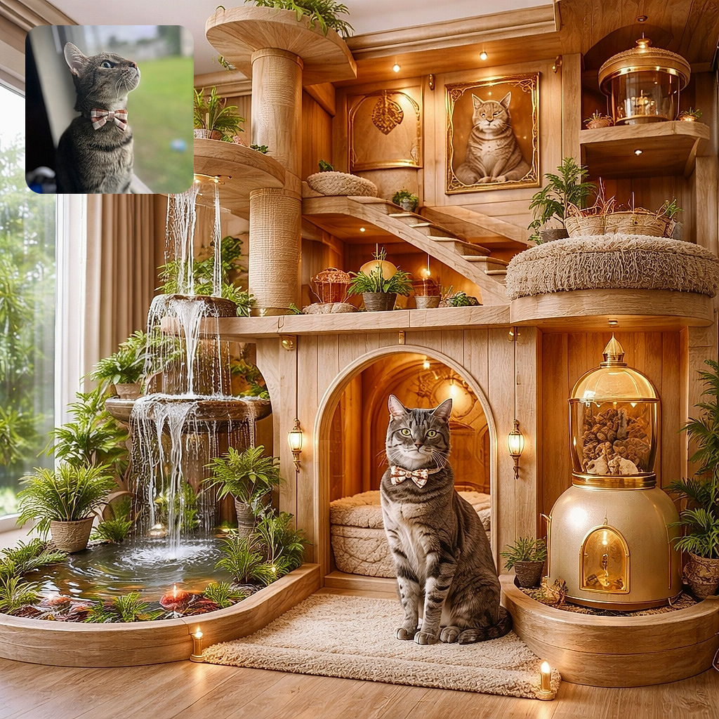 A dignified tabby cat wearing a charming checkered bow tie gazes thoughtfully out of a window, with the soft natural light highlighting its whiskers and fur while the background blurs into a peaceful green yard.