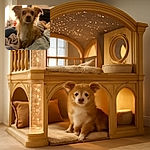 A small dog with fluffy ears sits on a couch surrounded by blankets and pillows, but the photo is blurry making the dog's face hard to see clearly. A warm lamp and a small plant with red flowers add a cozy touch in the background.