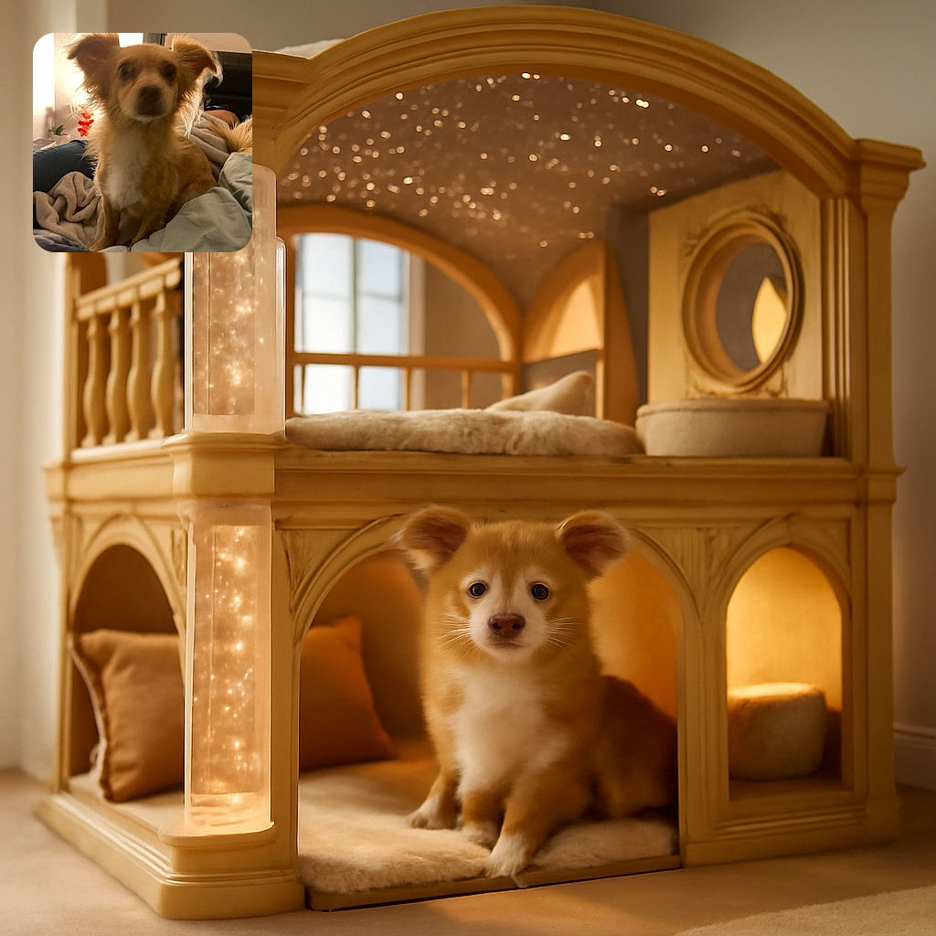 A small dog with fluffy ears sits on a couch surrounded by blankets and pillows, but the photo is blurry making the dog's face hard to see clearly. A warm lamp and a small plant with red flowers add a cozy touch in the background.