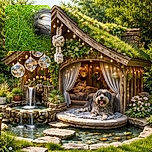 A fluffy dog lies blissfully asleep in a lush green grassy patch, blending its soft fur with the vibrant natural surroundings as tiny flowers peek through the blades of grass.
