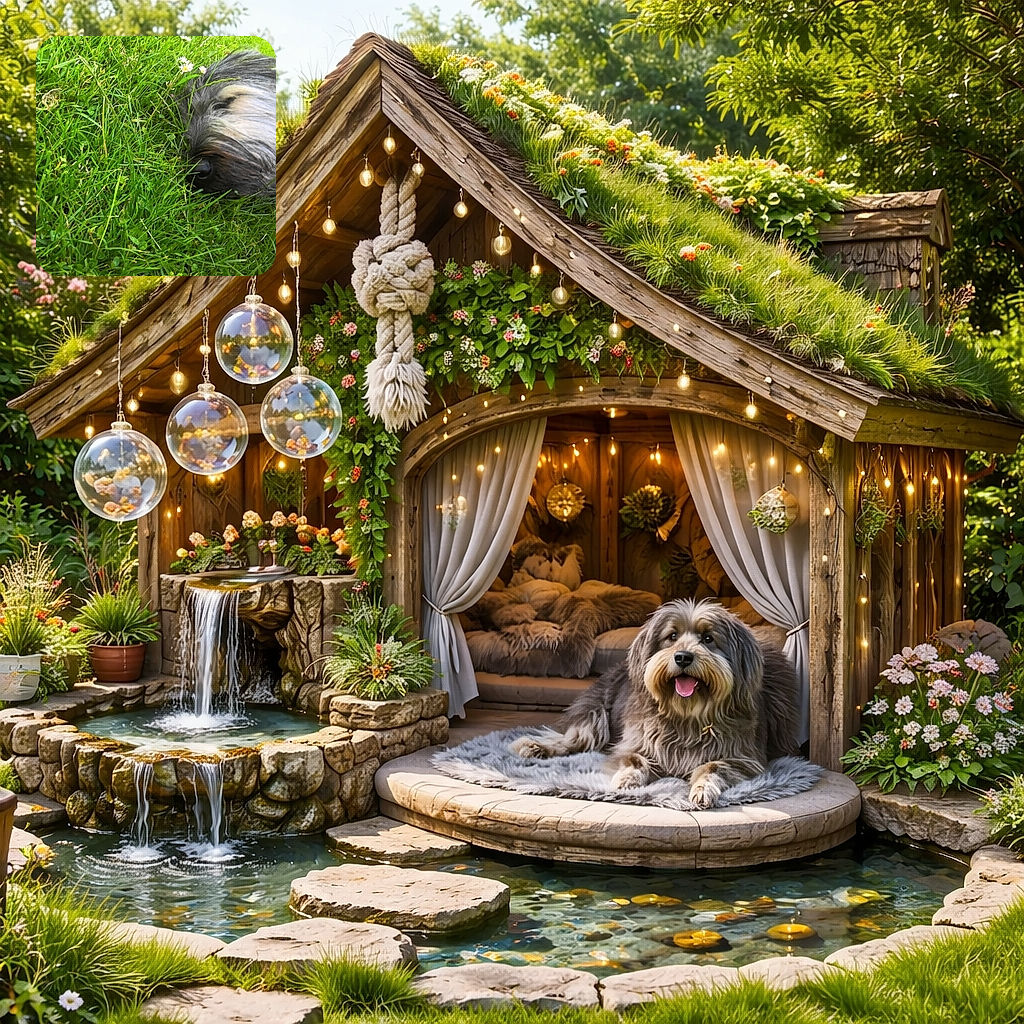 A fluffy dog lies blissfully asleep in a lush green grassy patch, blending its soft fur with the vibrant natural surroundings as tiny flowers peek through the blades of grass.