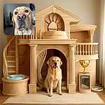 A close-up shot of a golden Labrador retriever's face, with its big nose dominating the frame and soulful eyes looking directly at the camera. The background is softly blurred, showing a cozy indoor setting with muted colors and a flag on the wall.