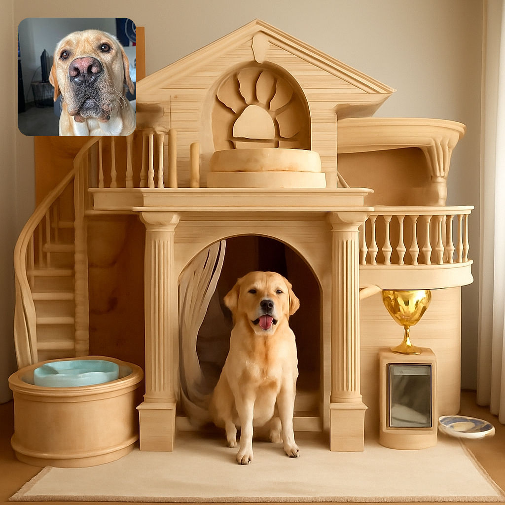 A close-up shot of a golden Labrador retriever's face, with its big nose dominating the frame and soulful eyes looking directly at the camera. The background is softly blurred, showing a cozy indoor setting with muted colors and a flag on the wall.