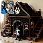 A curious small black and white dog with fluffy ears is looking up attentively, partially framed by a person's blue jeans, surrounded by dry autumn leaves on the ground with warm sunlight casting gentle shadows.