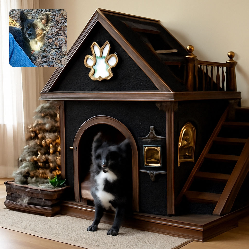 A curious small black and white dog with fluffy ears is looking up attentively, partially framed by a person's blue jeans, surrounded by dry autumn leaves on the ground with warm sunlight casting gentle shadows.