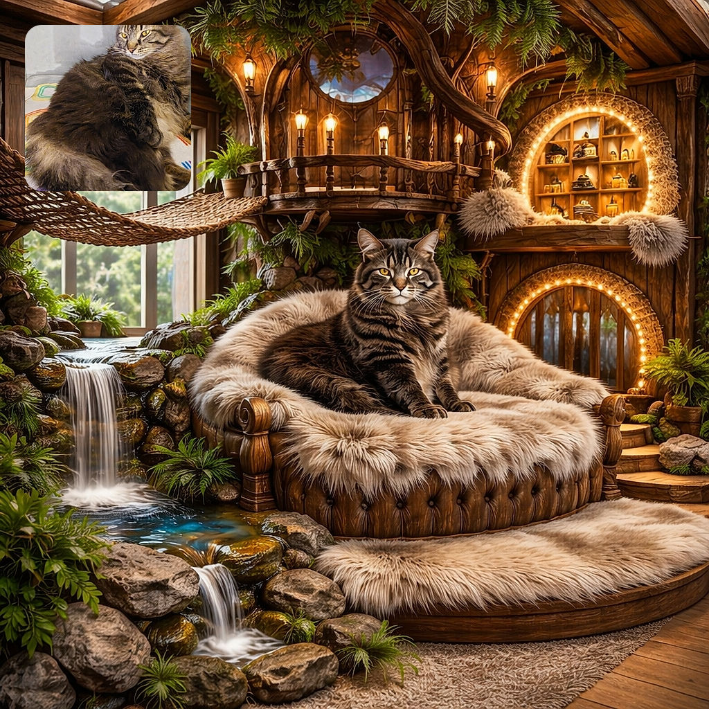 A fluffy tabby cat lounges comfortably on a colorful blanket, looking off to the side with a regal and slightly aloof expression, showcasing its majestic fur and piercing yellow eyes against a plain background.