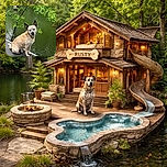 A charming dog with a speckled coat sits patiently on a textured dock beside a calm, green pond. Lush leaves hang overhead, adding a fresh splash of nature to this serene outdoor portrait.