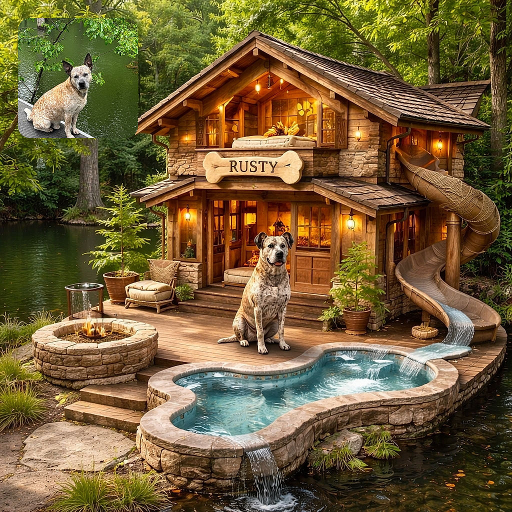 A charming dog with a speckled coat sits patiently on a textured dock beside a calm, green pond. Lush leaves hang overhead, adding a fresh splash of nature to this serene outdoor portrait.