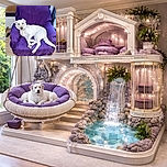 A relaxed white dog lounges comfortably on a purple-covered armchair, looking calmly at the camera with a slightly tilted head, set against a simple indoor background with wooden flooring and a wall outlet visible.