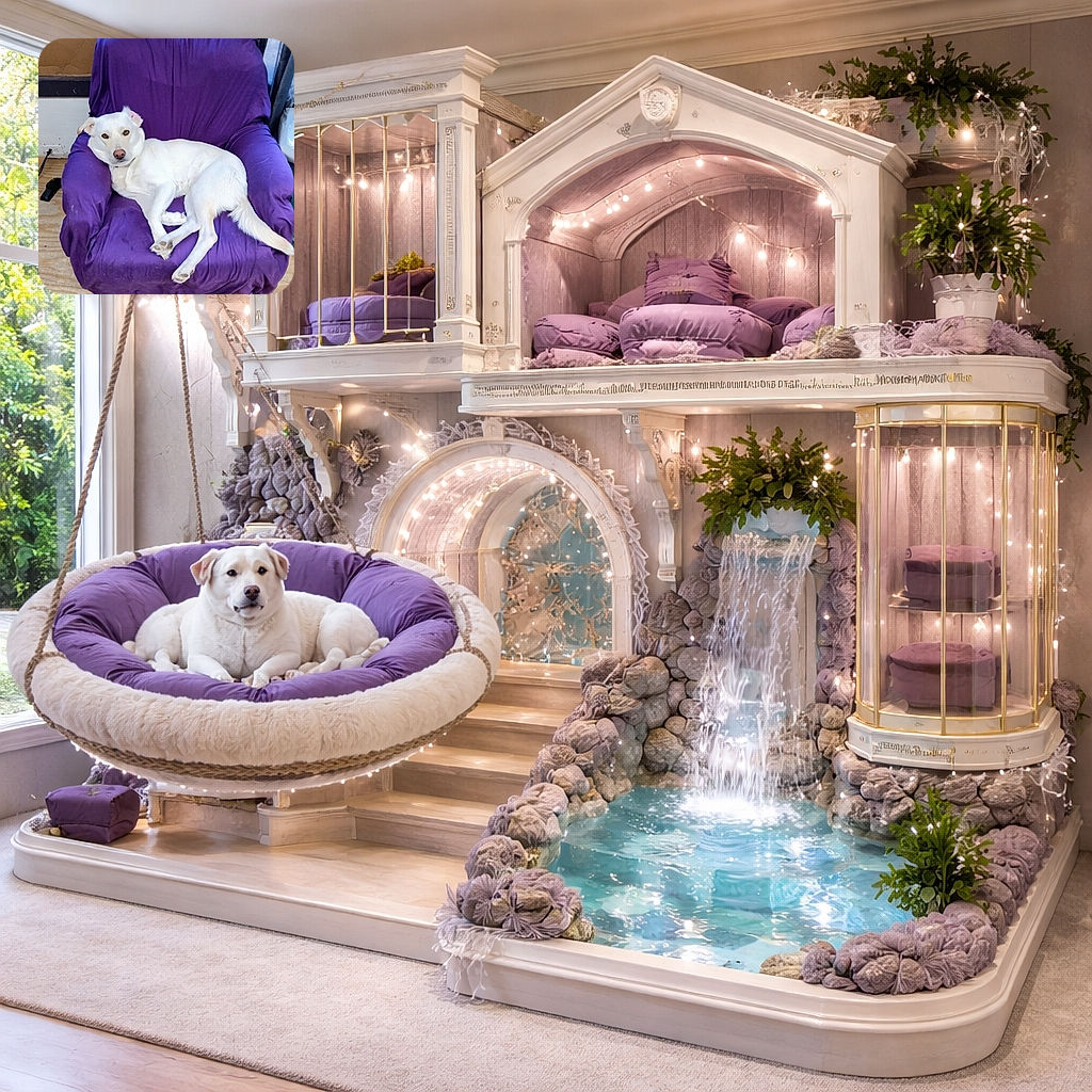 A relaxed white dog lounges comfortably on a purple-covered armchair, looking calmly at the camera with a slightly tilted head, set against a simple indoor background with wooden flooring and a wall outlet visible.