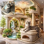 A relaxed tabby cat lounges comfortably on the armrest of a beige couch, gazing curiously at the camera with striking yellow eyes. The cozy living room setting includes a plaid blanket draped over another couch and a coffee table set with plates and glasses in the background.