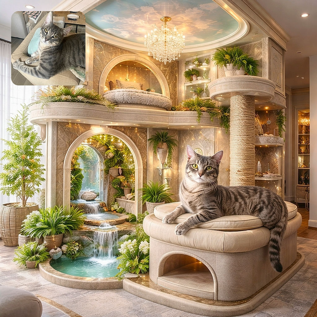 A relaxed tabby cat lounges comfortably on the armrest of a beige couch, gazing curiously at the camera with striking yellow eyes. The cozy living room setting includes a plaid blanket draped over another couch and a coffee table set with plates and glasses in the background.
