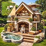 A charming Jack Russell puppy lounges on a vibrant green lawn next to a wooden deck, soaking up the sunshine with a curious and relaxed expression.
