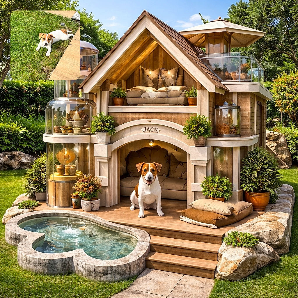 A charming Jack Russell puppy lounges on a vibrant green lawn next to a wooden deck, soaking up the sunshine with a curious and relaxed expression.
