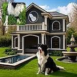 A fluffy black and white Border Collie lounges happily in a lush green field, tongue out and eyes alert, surrounded by tall grass and a natural backdrop of bare trees. The collage shows different angles capturing the dog's joyful and relaxed demeanor.