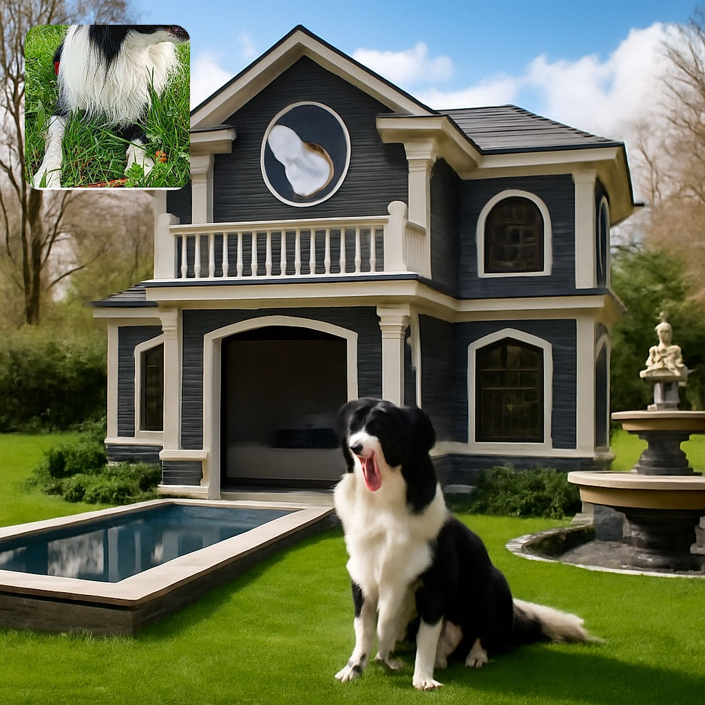 A fluffy black and white Border Collie lounges happily in a lush green field, tongue out and eyes alert, surrounded by tall grass and a natural backdrop of bare trees. The collage shows different angles capturing the dog's joyful and relaxed demeanor.