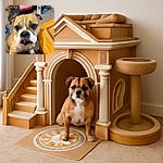 A close-up photo of a curious dog with soulful eyes, leaning on a wooden table in a cozy indoor setting cluttered with various household items in the background.