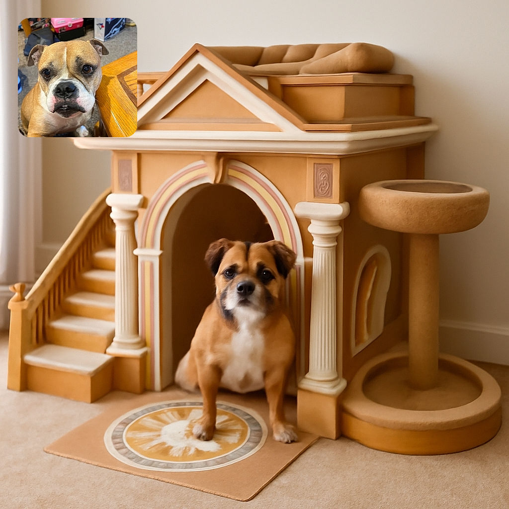 A close-up photo of a curious dog with soulful eyes, leaning on a wooden table in a cozy indoor setting cluttered with various household items in the background.