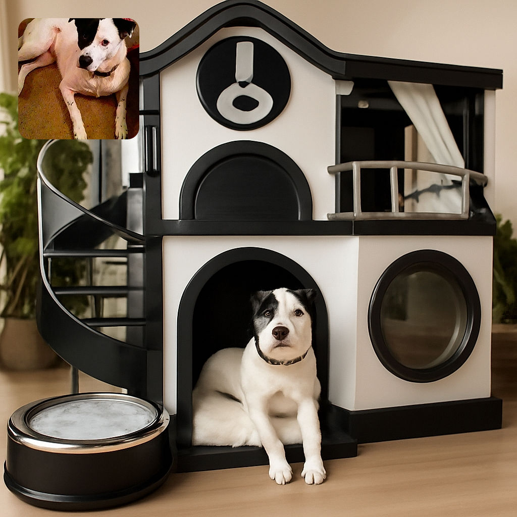 A charming dog with a striking black patch over one eye lounges comfortably on a carpeted floor, looking up with curious eyes. The warm indoor lighting adds a cozy vibe, and a hand wearing a Nike wristband rests gently nearby.