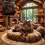 A close-up portrait of a fluffy tabby cat with striking green eyes, looking directly at the camera with a calm and curious expression. The background is slightly blurred, featuring a blue table and some household items, giving a cozy indoor vibe.