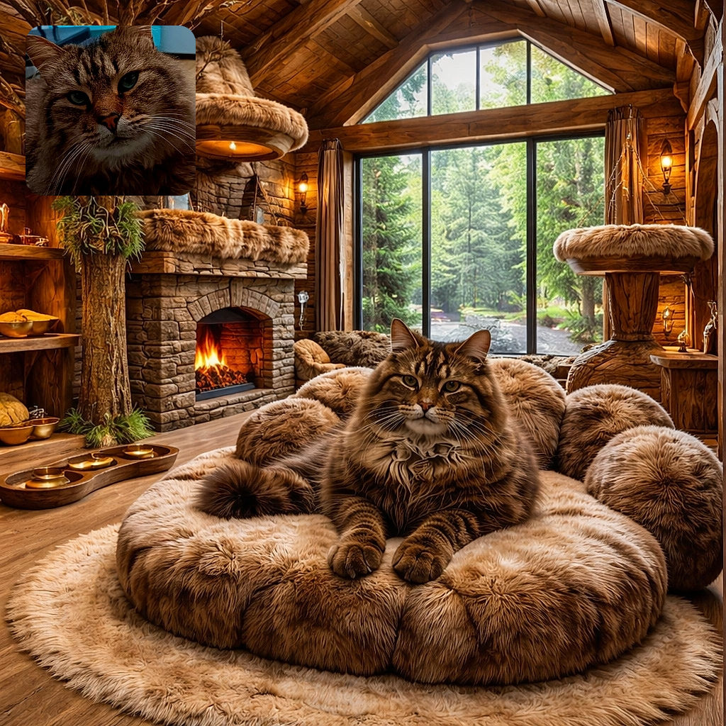 A close-up portrait of a fluffy tabby cat with striking green eyes, looking directly at the camera with a calm and curious expression. The background is slightly blurred, featuring a blue table and some household items, giving a cozy indoor vibe.
