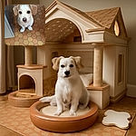 A charming small white dog with light brown ears looks up with big, curious eyes on a hexagonal tile floor, as if waiting for a treat or a belly rub.