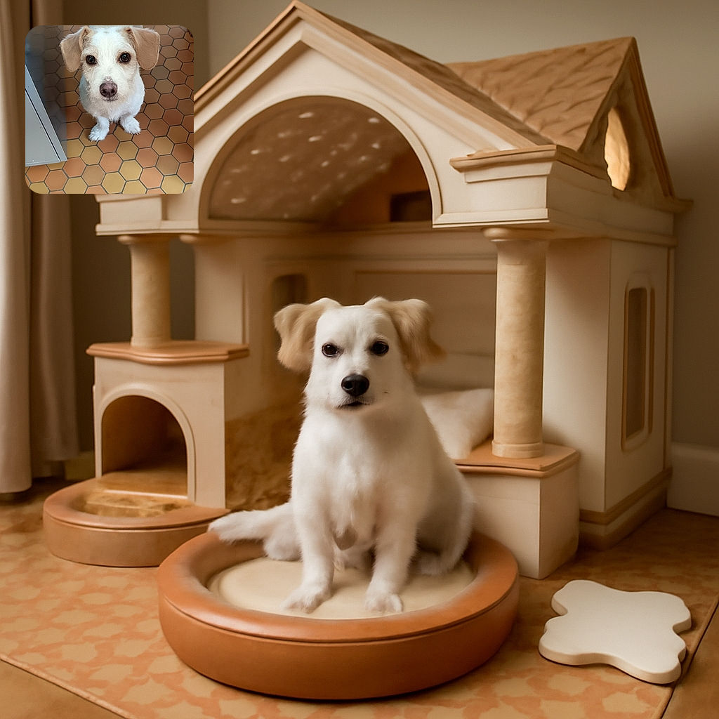 A charming small white dog with light brown ears looks up with big, curious eyes on a hexagonal tile floor, as if waiting for a treat or a belly rub.