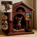 A tiny brown puppy with big, curious eyes sits on a tiled floor, looking a bit unsure but utterly adorable, with a shadow stretching out beside it and some furniture in the background.