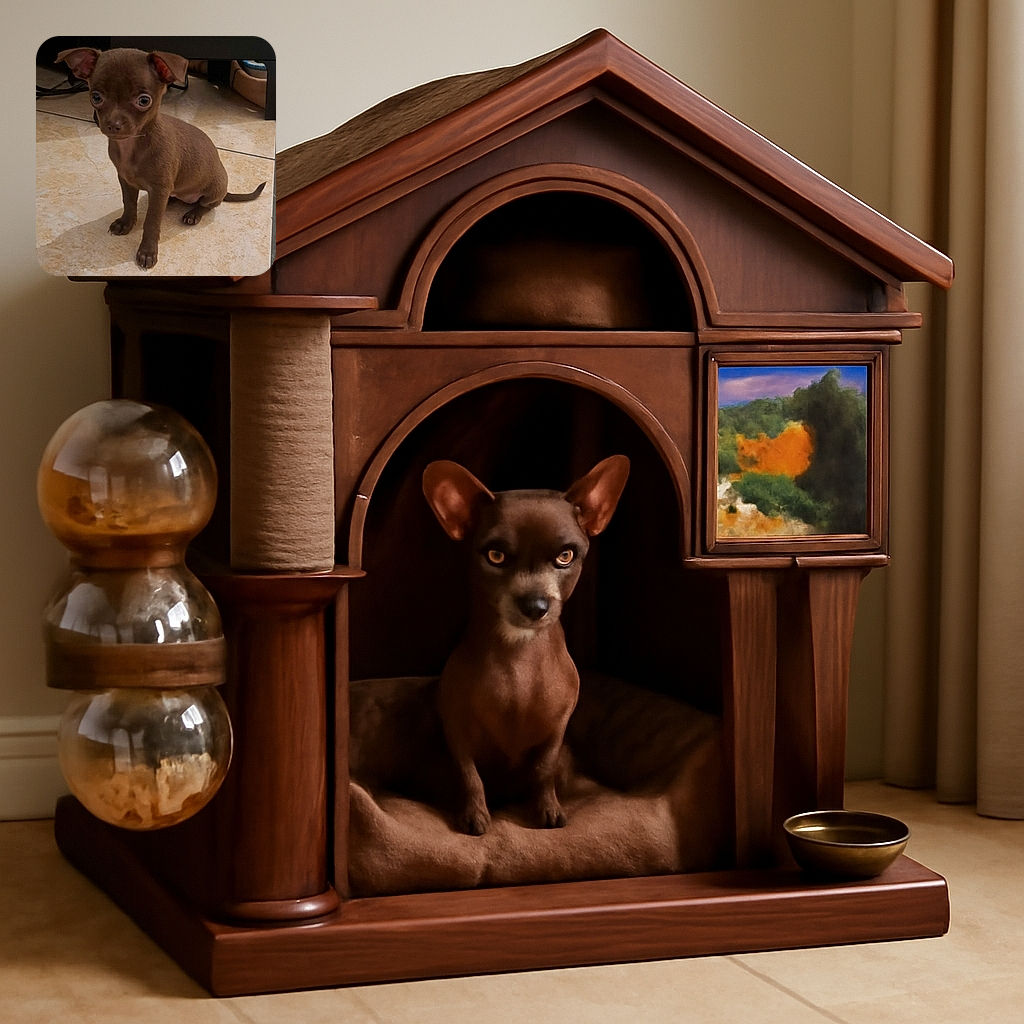 A tiny brown puppy with big, curious eyes sits on a tiled floor, looking a bit unsure but utterly adorable, with a shadow stretching out beside it and some furniture in the background.