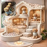 Three adorable fluffy puppies wearing cozy sweaters sit in a neat row on a couch, looking curiously at the camera with their big, soulful eyes. Their soft curls and tiny paws make them look like little teddy bears ready for a cuddle session.