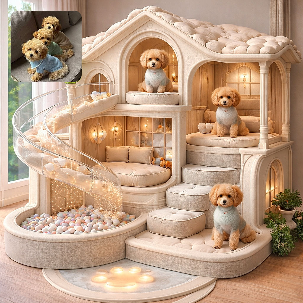 Three adorable fluffy puppies wearing cozy sweaters sit in a neat row on a couch, looking curiously at the camera with their big, soulful eyes. Their soft curls and tiny paws make them look like little teddy bears ready for a cuddle session.