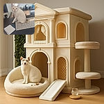 A curious cream-colored cat with striking blue eyes sits elegantly on a lace doily atop a dark table, surrounded by a small candle, a notebook, and a pen, all set in a softly blurred kitchen background.