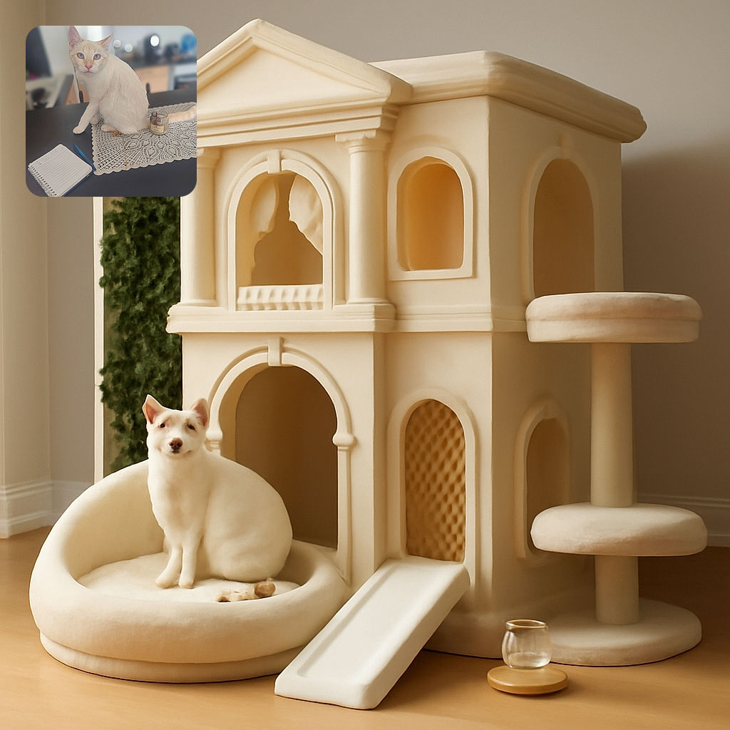 A curious cream-colored cat with striking blue eyes sits elegantly on a lace doily atop a dark table, surrounded by a small candle, a notebook, and a pen, all set in a softly blurred kitchen background.