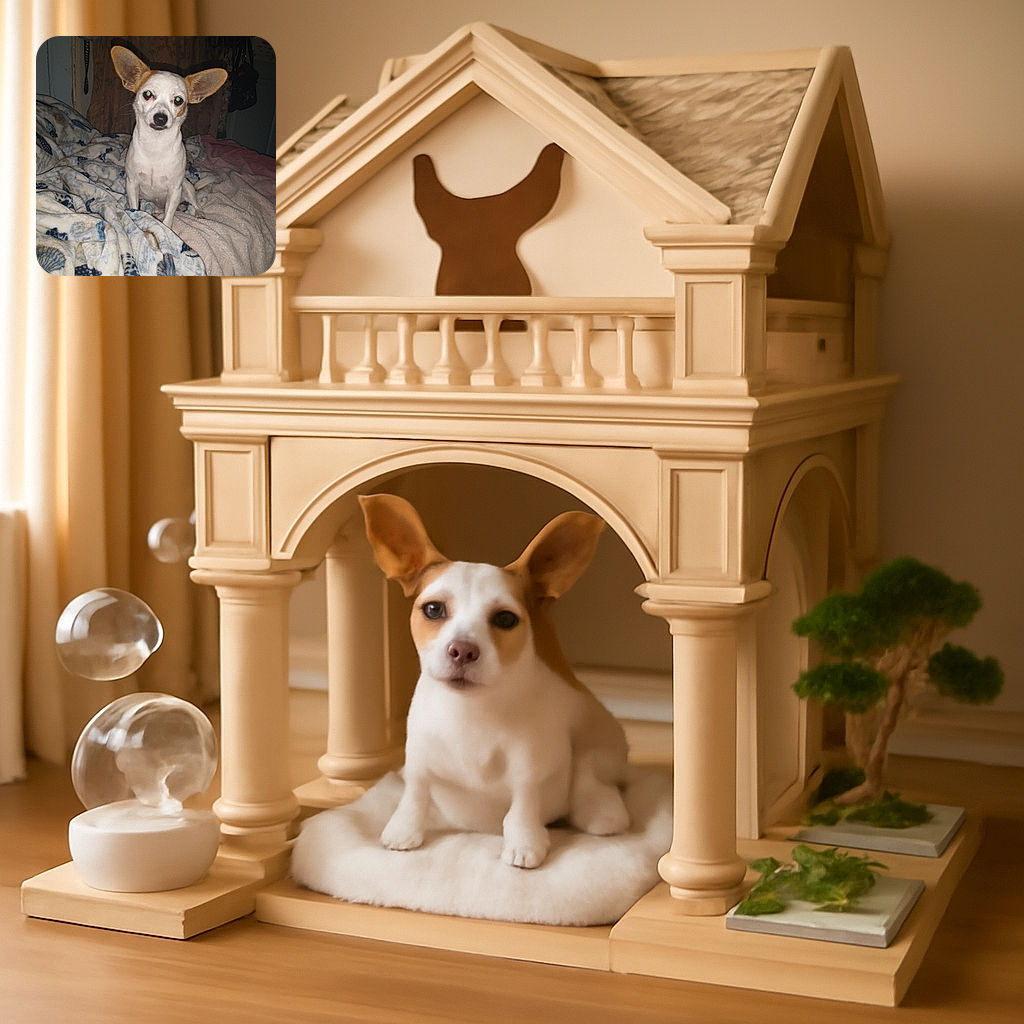A cute small dog with large ears sits attentively on a cozy bed covered with patterned blankets, looking curiously at the camera with a slight head tilt, surrounded by a dimly lit room background.