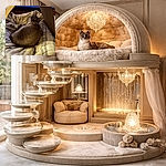 A cozy cat loaf curled in a plush blanket under a makeshift cardboard tent, giving an amused side-eye like it's guarding its kingdom of naps and snacks.