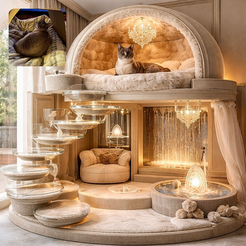 A cozy cat loaf curled in a plush blanket under a makeshift cardboard tent, giving an amused side-eye like it's guarding its kingdom of naps and snacks.