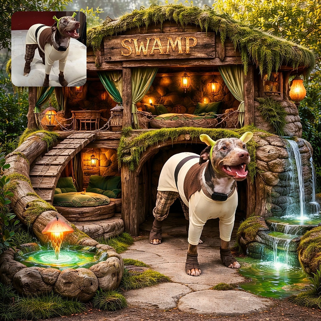 A happy dog dressed up in a quirky outfit that looks like pajamas, complete with a Shrek-inspired green antenna headband, standing excitedly on a mattress in a cozy indoor setting.