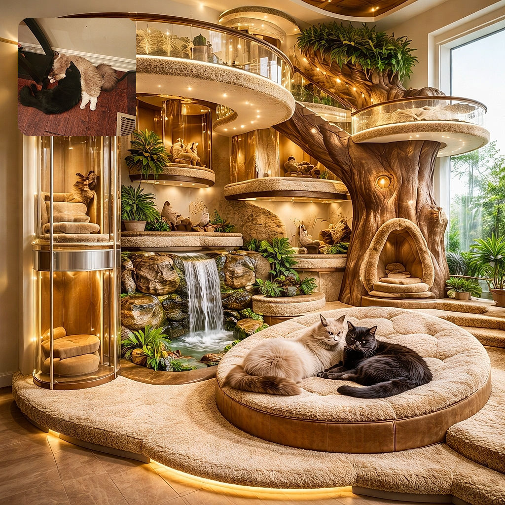 Two professional nappers caught in the act: a sleek black cat spooning a majestic fluffy cream cat, tails intertwined on warm wooden floors right by the baseboard. Its equal parts furball yoga and silent drama—someone should hand them tiny robes and tea.