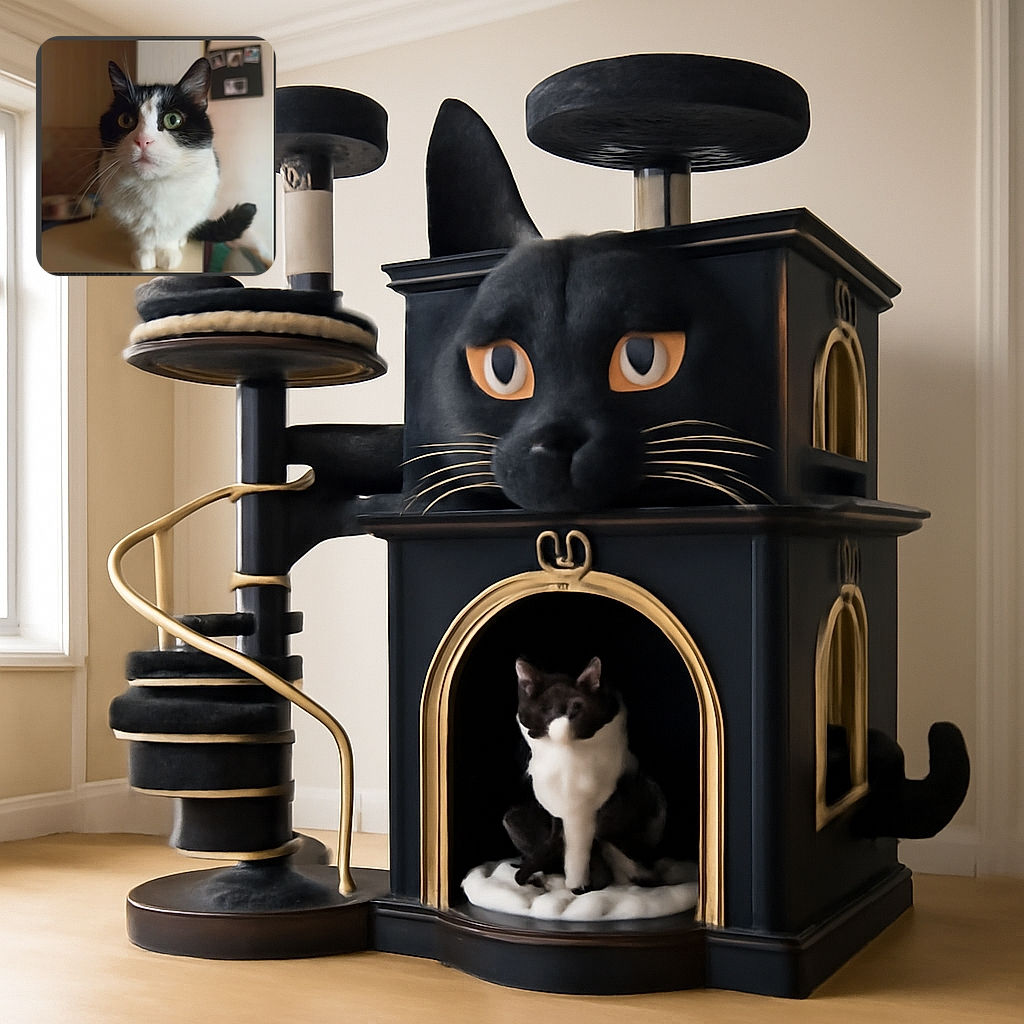 A curious black and white cat with striking green eyes stares intently, sitting on a surface with a slightly blurred indoor background that includes a bulletin board with photos.