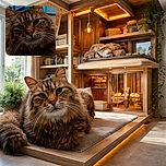 A close-up portrait of a fluffy tabby cat with striking green eyes, looking directly at the camera with a calm and curious expression. The background is slightly blurred, featuring a blue table and some household items, giving a cozy indoor vibe.