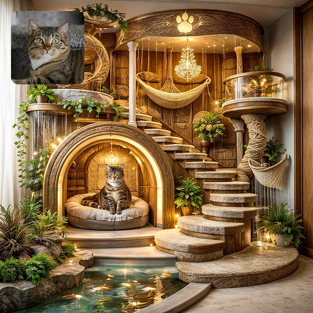 A curious tabby cat with striking green eyes lounges on a carpeted staircase, looking intently at the camera with a mix of curiosity and calm.