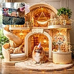 A fluffy dog wearing a festive pink party hat is curiously inspecting a birthday setup on a colorful rug, complete with a 'Happy Birthday' bone-shaped cookie, toys, and treats, creating a cozy and celebratory atmosphere.